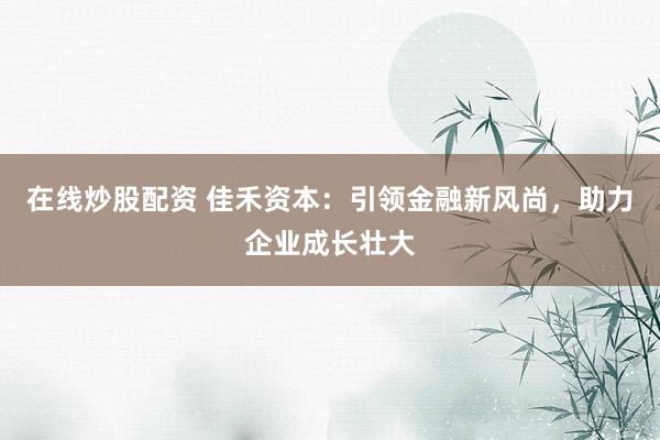 在线炒股配资 佳禾资本：引领金融新风尚，助力企业成长壮大