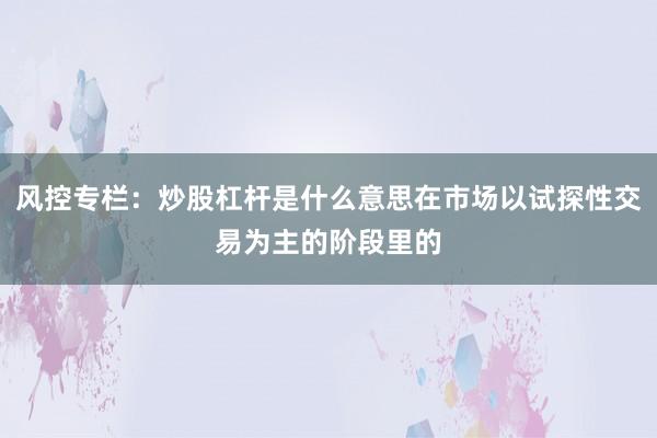 风控专栏：炒股杠杆是什么意思在市场以试探性交易为主的阶段里的